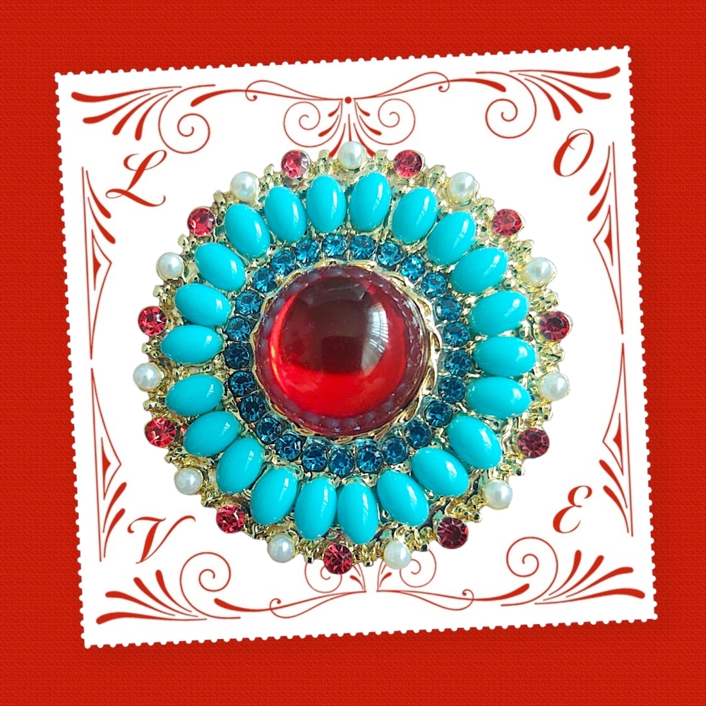 SOLD Elegant Red and Blue Statement Brooch